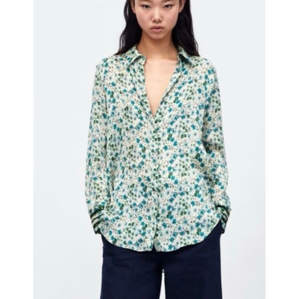 Zara basics floral long sleeve satin BB button down xsmall
